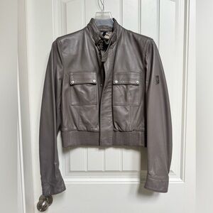 Belstaff Taupe Leather Cropped Bomber Jacket. Size IT 46/US 10